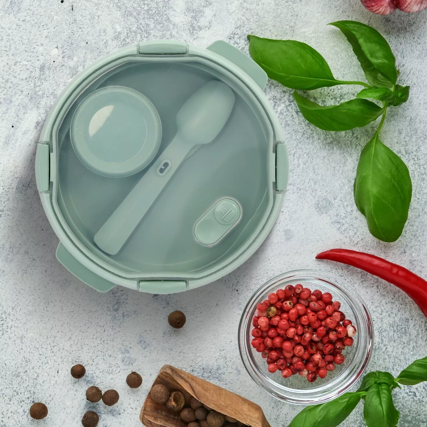 Curver Smart To Go Brotdose mit Fächern Lunchbox Deckel Besteck rund 1.6L grün
