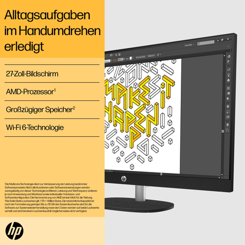 HP 27-cr0600ng AMD Ryzen™ 5 7520U 68,6 cm (27") 1920 x 1080 Pixel All-in-One-PC 8 GB LPDDR5-SDRAM 512 GB SSD Windows 11 Home Wi-Fi 6 (802.11ax) Weiß