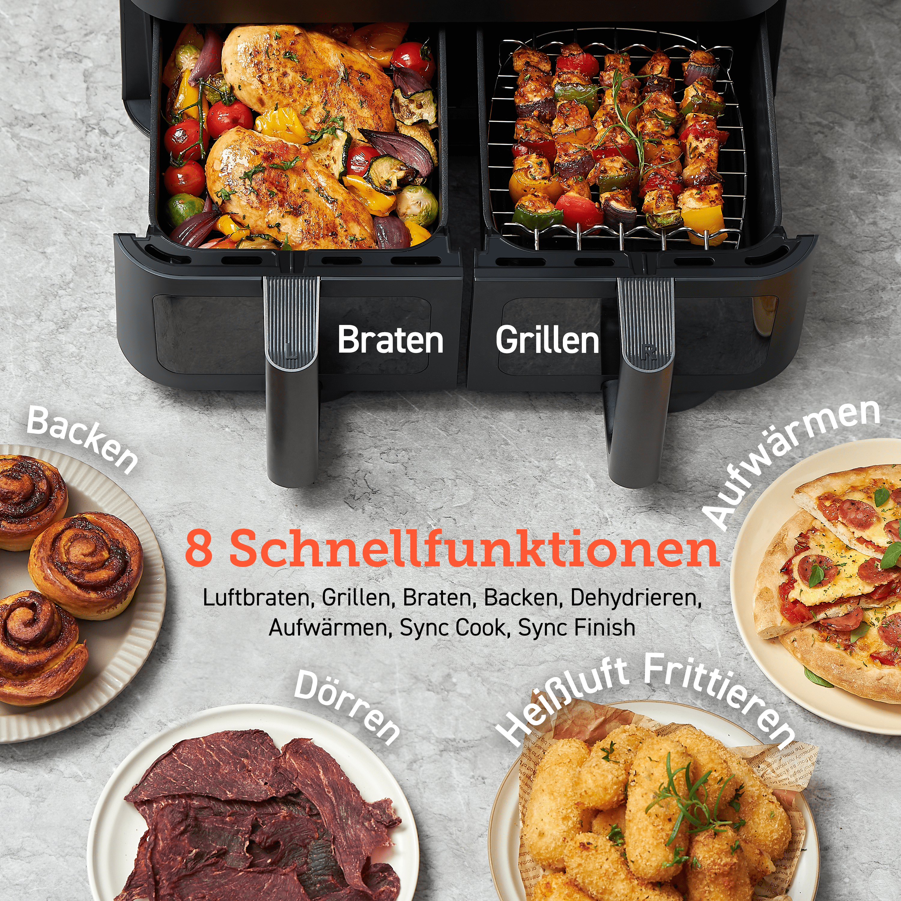Cosori CAF-R901-AEU Doppel-Heißluftfritteuse (8,5 l Fassungsvermögen, 1.750 W, Timer, 10 Funktionen, 2 Displays, 2 Zubereitungskörbe, einstellbare Temperatur)