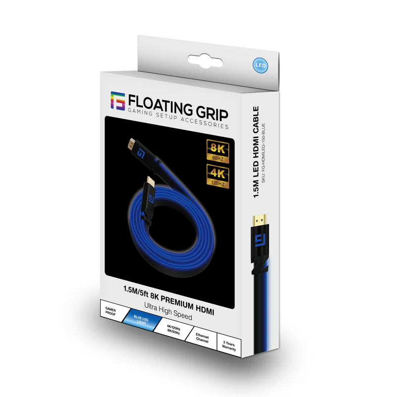 Floating Grip LED HDMI-Kabel 2.1, 1,5 m, High Speed, 8K/60Hz, Blau