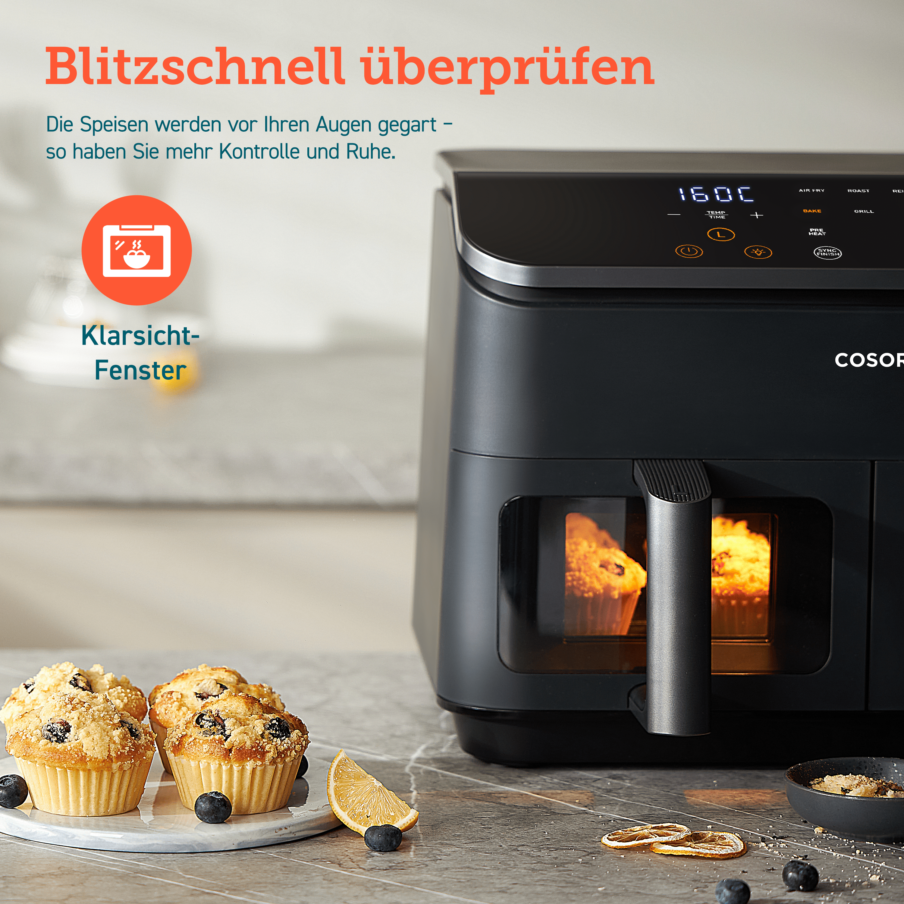 Cosori CAF-R901-AEU Doppel-Heißluftfritteuse (8,5 l Fassungsvermögen, 1.750 W, Timer, 10 Funktionen, 2 Displays, 2 Zubereitungskörbe, einstellbare Temperatur)