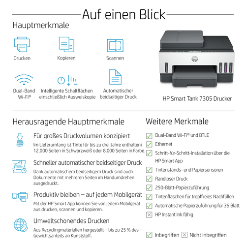 HP Smart Tank 7305 Wireless All-in-One Farbe Drucker, Beidseitiger Druck; Kopierer, Scanner