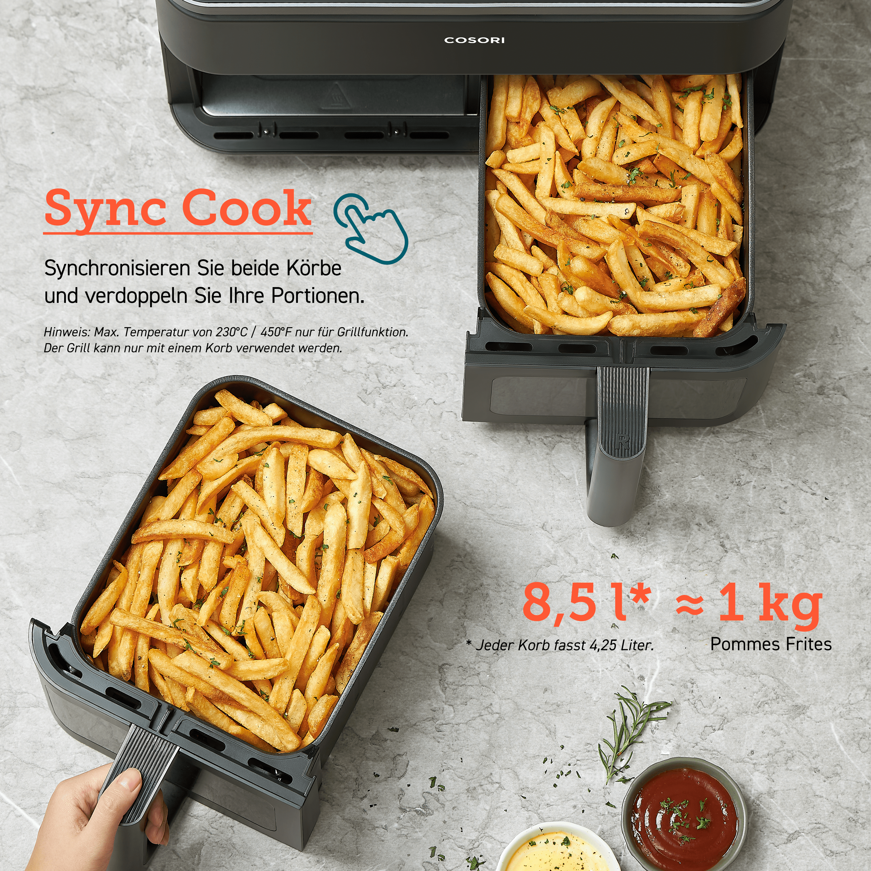 Cosori CAF-R901-AEU Doppel-Heißluftfritteuse (8,5 l Fassungsvermögen, 1.750 W, Timer, 10 Funktionen, 2 Displays, 2 Zubereitungskörbe, einstellbare Temperatur)