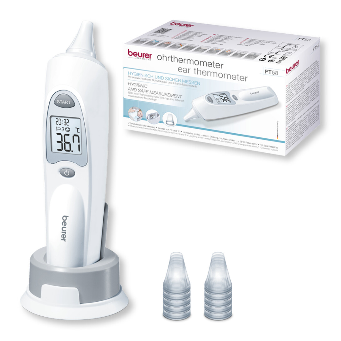  BEURER FT 58 Infrarot-Ohrthermometer (Infrarot, sekundenschnell, Speicherplatz, Aufbewahrungsbox, sicher, Signalton, Oberflächen, Flüssigkeiten, Smiley-Symbol)