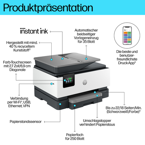 HP OfficeJet Pro 9120E Wireless All-in-One Farbe Drucker, Instant Ink; Beidseitiger Druck