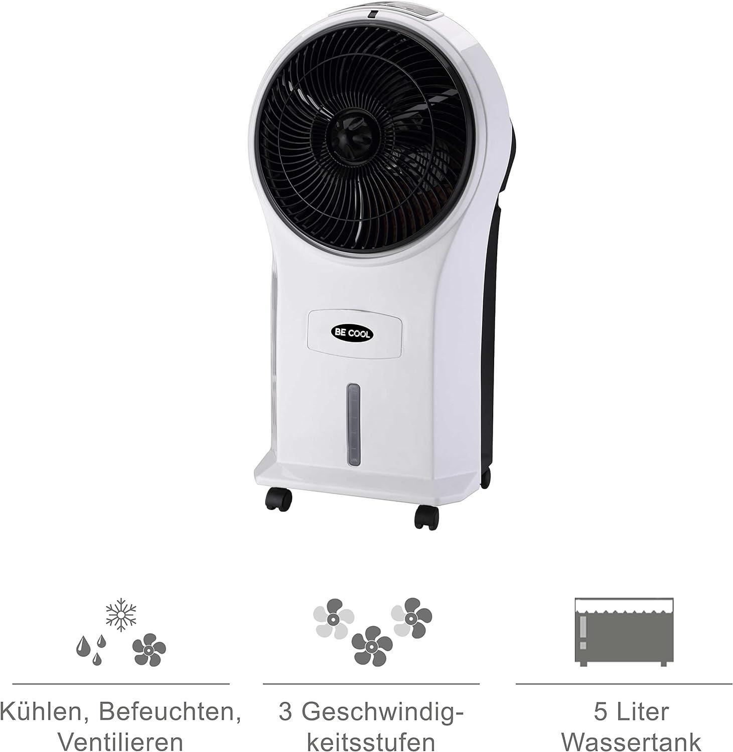 BECOOL BCP5AC2101F Luftkühler (3 Geschwindigkeitsstufen, Fernbedienung, 5 Liter Wassertankvolumen, 45 Watt, Höhe 61 cm, Weiß/Schwarz)