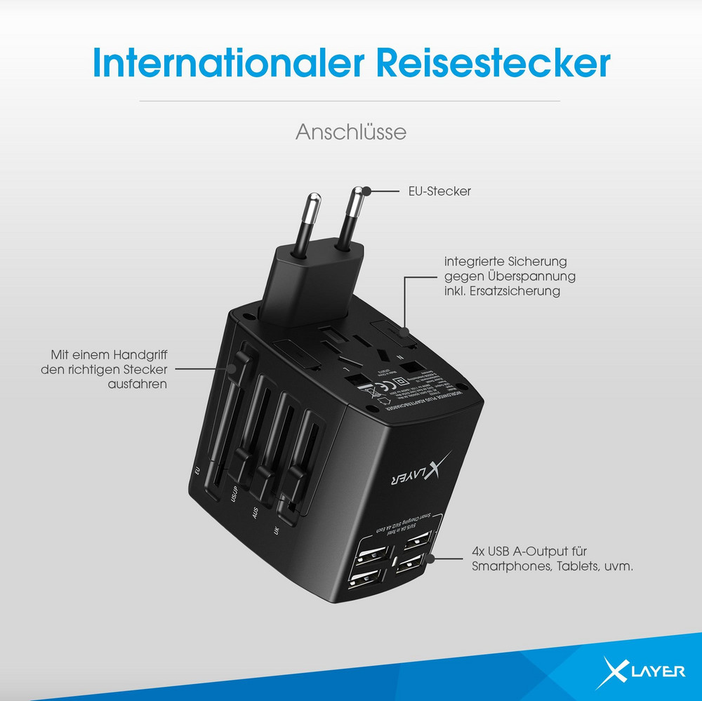  XLayer Internationaler Reisestecker Weltweit Black