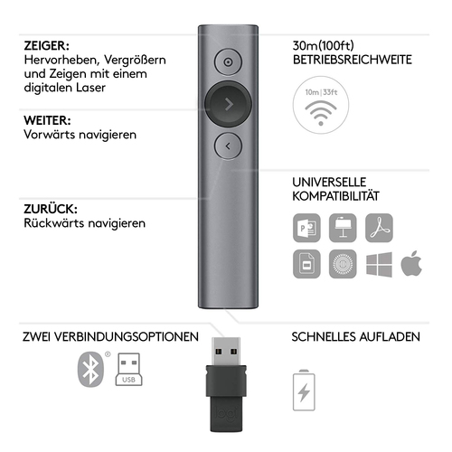 Logitech Spotlight Funk-Presenter Bluetooth/RF Grau