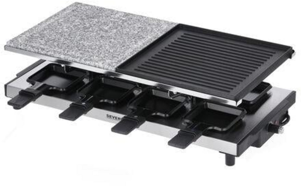  SEVERIN RG 2373 Raclettegrill, 1500W, 8 Pfännchen, Alu-Druckguss-Platte, Steinplatte, stufenlos regulierbar