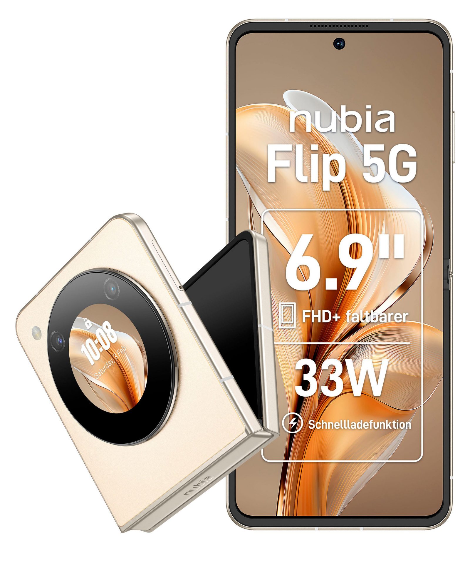Nubia Flip 5G 256 GB Golden Smartphone (6,9 Zoll, 50 MP, Duale-Kamera, 4.310-mAh, Octa-Core, Fingerabdrucksensor, Gesichtserkennung, gelb)