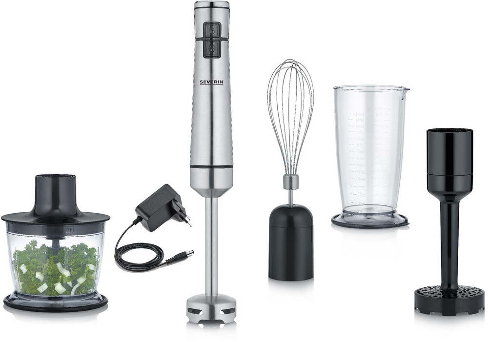 SEVERIN Stabmixer-Set SM 3775-400 kabellos (Kabellos, Akkubetrieb, 100 Watt, bis zu 14.000 U/min., Edelstahl-Rührstab, Mixbehälter mit Deckel, Multizerkleinerer, Kartoffelstampfer, Schneebesen, Ladenetzteil, 100% BPA-frei, Farbe Schwarz/Edelstahl) SEVERIN Stabmixer-Set SM 3775-400 kabellos (Kabellos, Akkubetrieb, 100 Watt, bis zu 14.000 U/min., Edelstahl-Rührstab, Mixbehälter mit Deckel, Multizerkleinerer, Kartoffelstampfer, Schneebesen, Ladenetzteil, 100% BPA-frei, Farbe Schwarz/Edelstahl)