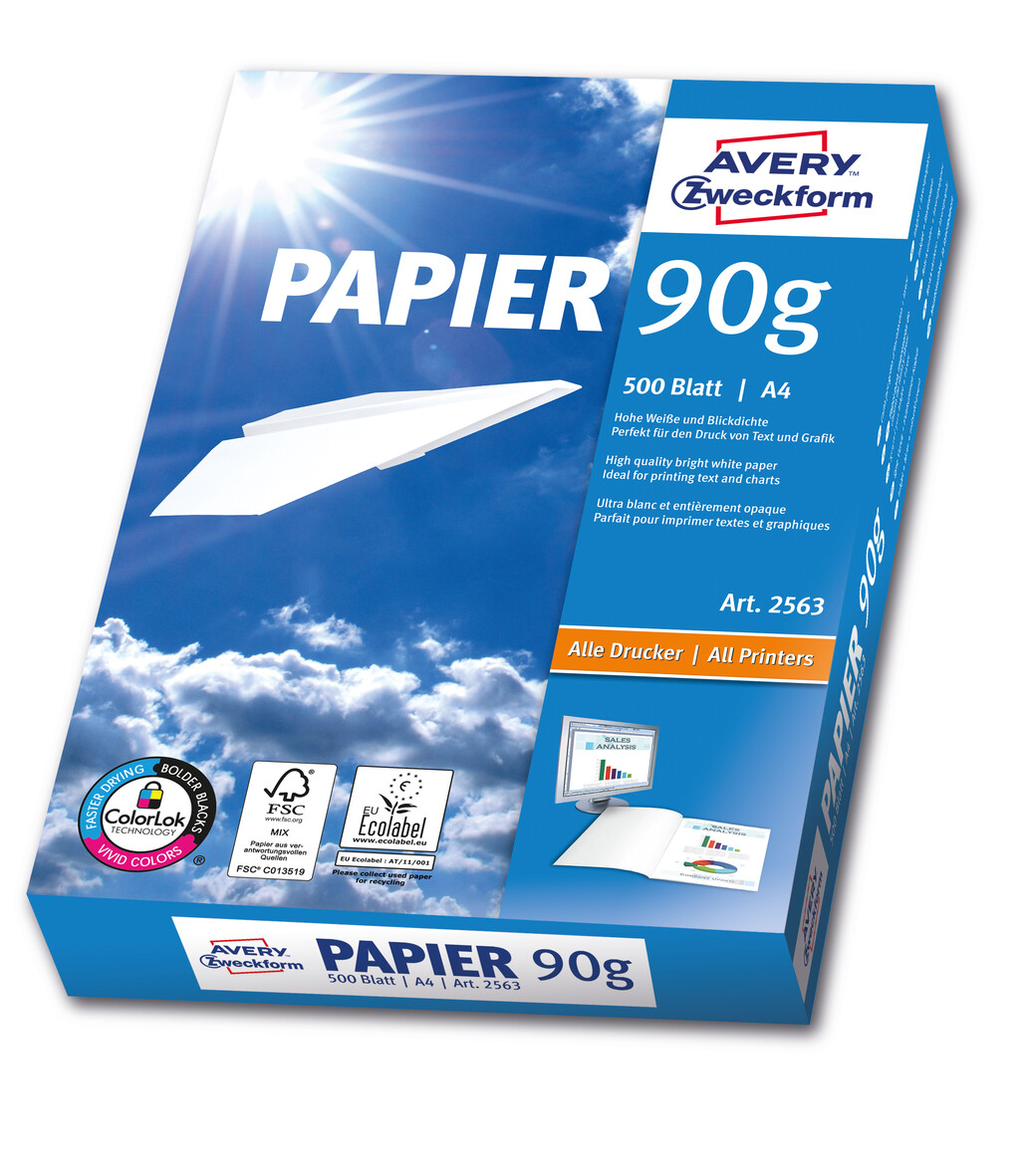  AVERY Zweckform 2563 Druckerpapier (DIN A4, unbeschichtet, 90 g/m², ColorLok® Technologie, 500 Blatt)