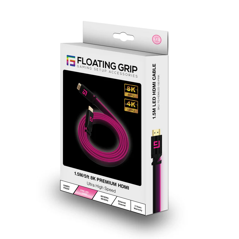 Floating Grip LED HDMI-Kabel 2.1, 1,5 m, High Speed, 8K/60Hz, Pink