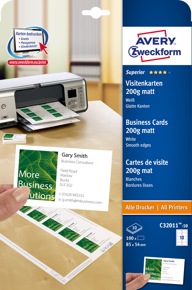  AVERY Zweckform C32011-10 Etiketten (Superior Visitenkarten, 85 x 54 mm, einseitig beschichtet, 100 Karten / 10 Bogen)