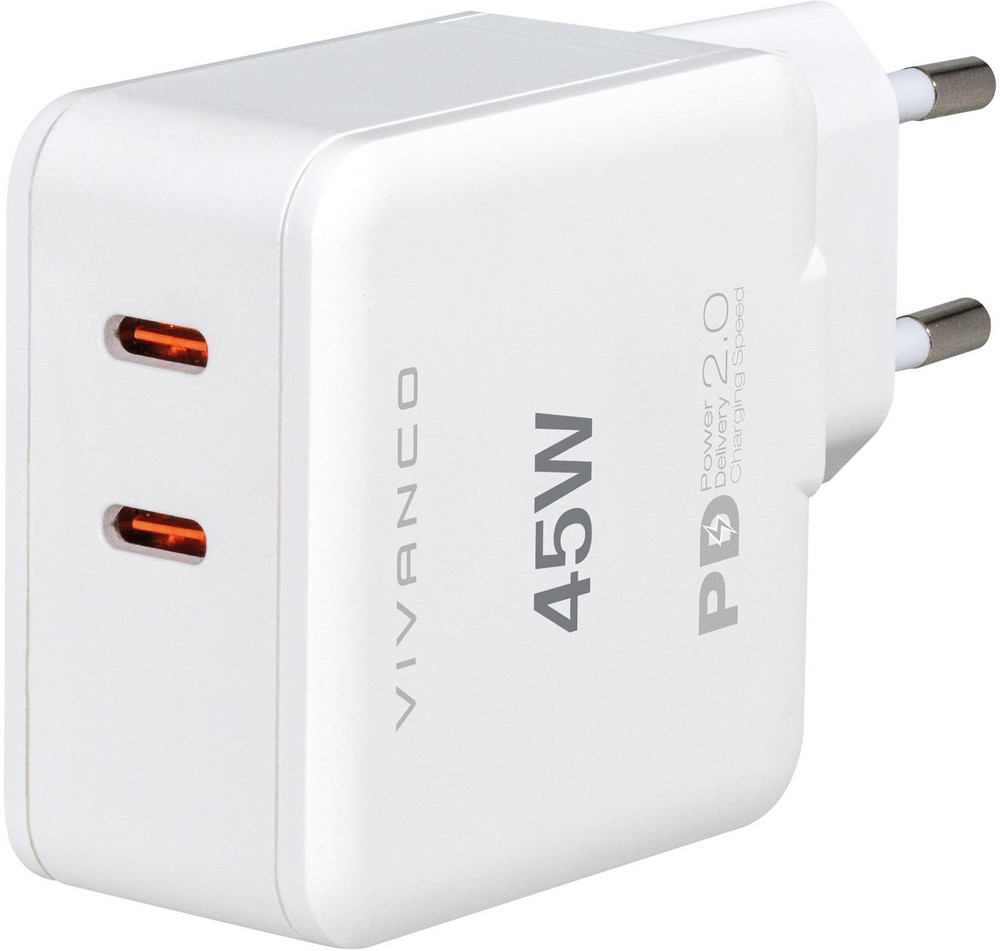  VIVANCO Super Fast Power Delivery Charger, Dual Schnellladegerät, 45W