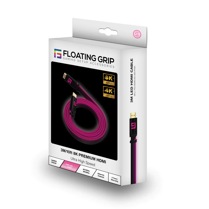 Floating Grip LED HDMI-Kabel 2.1, 3 m, High Speed, 8K/60Hz, Pink