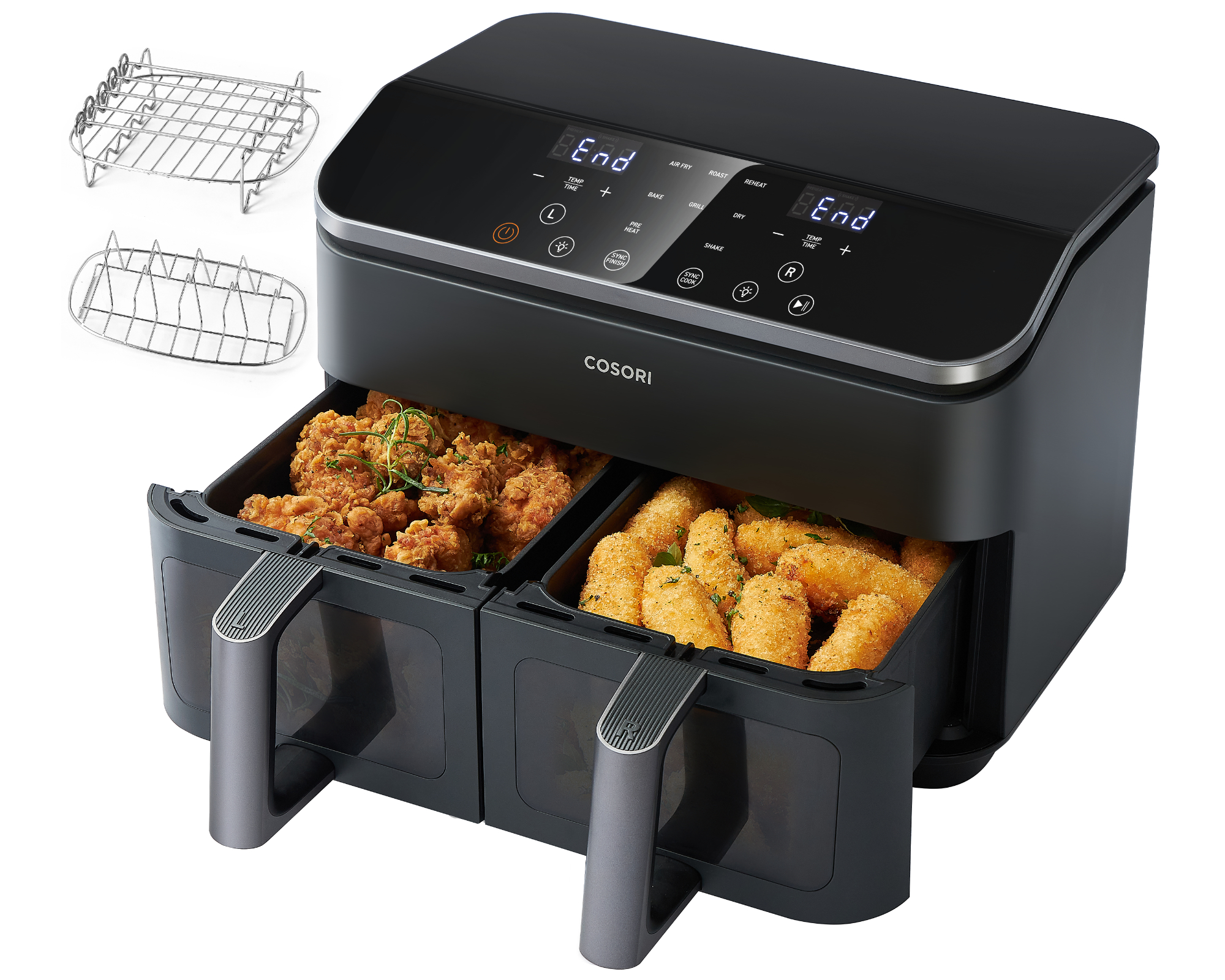 Cosori CAF-R901-AEU Doppel-Heißluftfritteuse (8,5 l Fassungsvermögen, 1.750 W, Timer, 10 Funktionen, 2 Displays, 2 Zubereitungskörbe, einstellbare Temperatur)