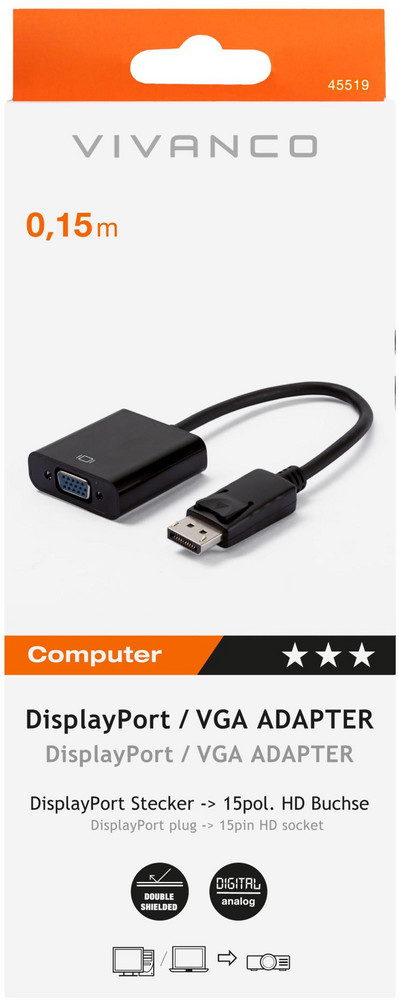  VIVANCO DisplayPort - VGA Adapter, DisplayPort Stecker - 15 pol. HD Buchse, 0,15 m (45519)