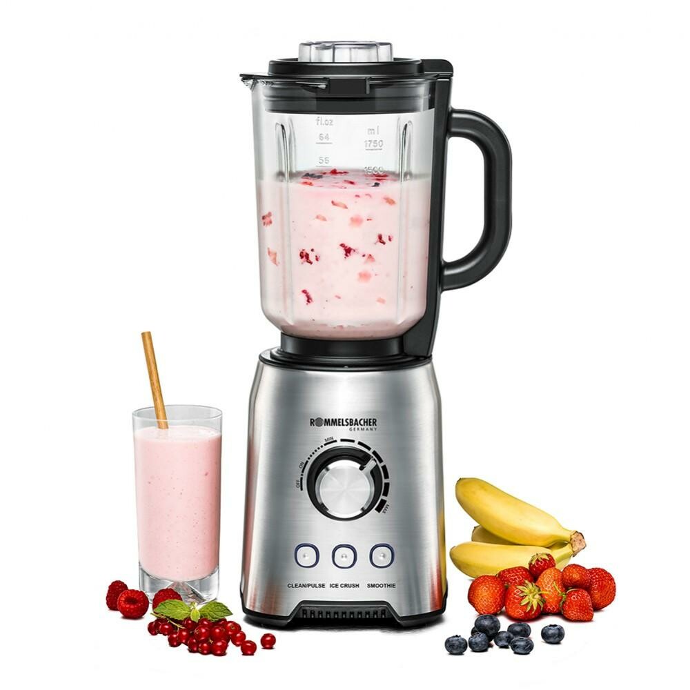 ROMMELSBACHER Standmixer MX 1250 (1.200 Watt, 1,75 Liter Glaskrug, Skalierung, 6-flügeliges Spezialmesser, bis 22.000 U/min., Programme: „Clean/Pulse” - „Ice Crush” - „Smoothie”, Edelstahl)