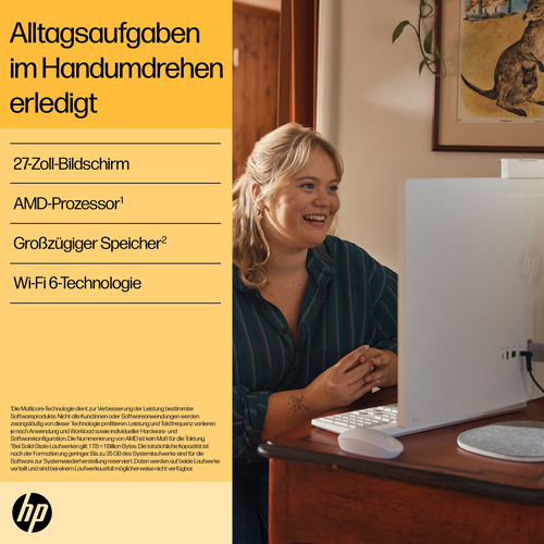 HP 27-cr0600ng AMD Ryzen™ 5 7520U 68,6 cm (27") 1920 x 1080 Pixel All-in-One-PC 8 GB LPDDR5-SDRAM 512 GB SSD Windows 11 Home Wi-Fi 6 (802.11ax) Weiß