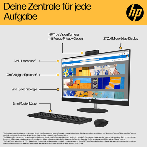 HP 27-cr0600ng AMD Ryzen™ 5 7520U 68,6 cm (27") 1920 x 1080 Pixel All-in-One-PC 8 GB LPDDR5-SDRAM 512 GB SSD Windows 11 Home Wi-Fi 6 (802.11ax) Weiß