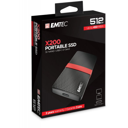 EMTEC X200 Portable 4K SSD 512 GB Externe SSD-Festplatte (Extern, schwarz/rot, USB-C 3.2)