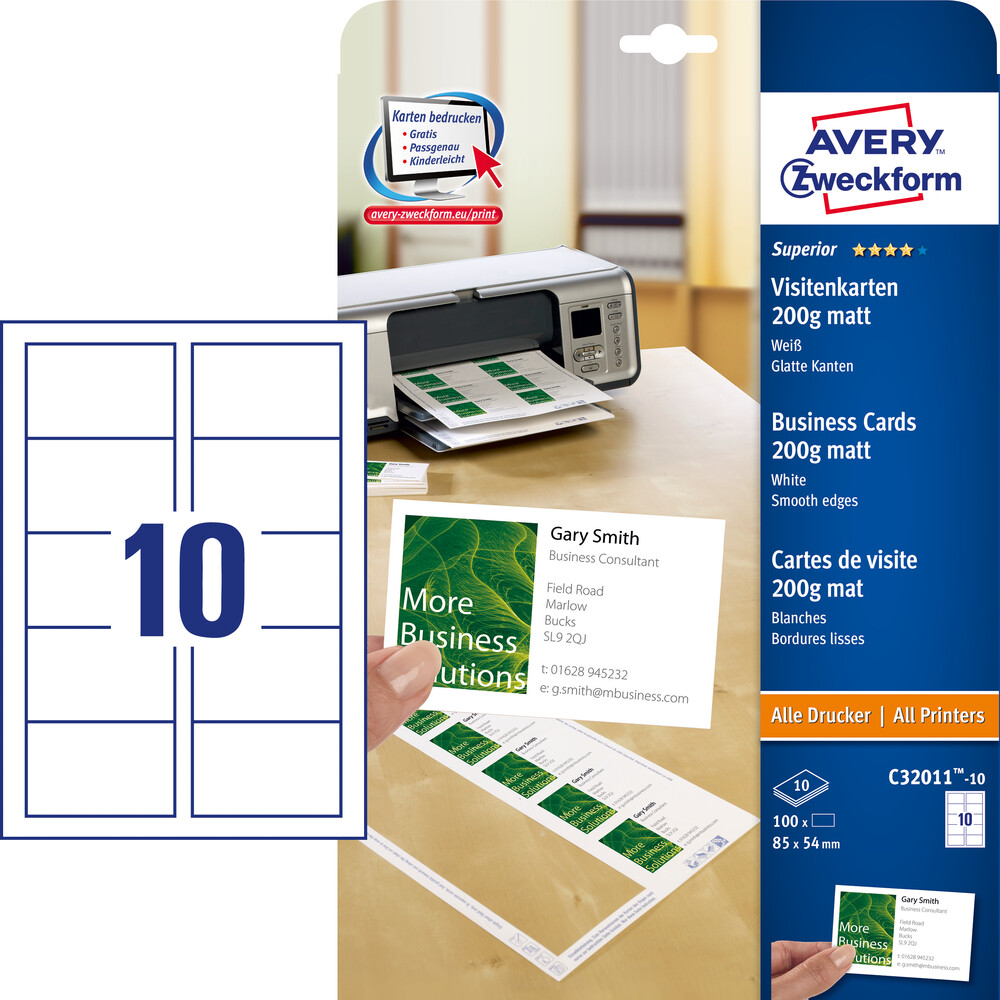  AVERY Zweckform C32011-10 Etiketten (Superior Visitenkarten, 85 x 54 mm, einseitig beschichtet, 100 Karten / 10 Bogen)