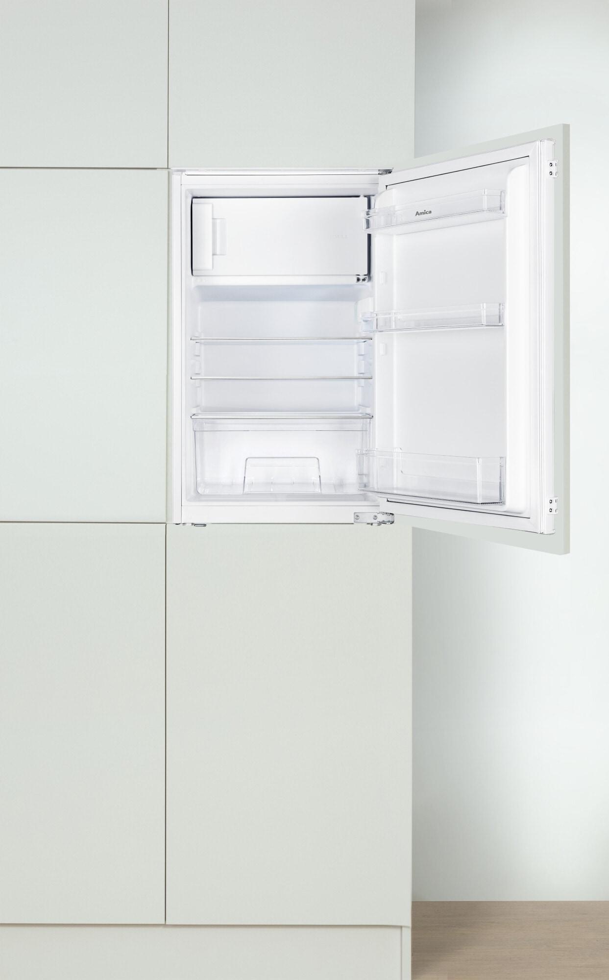 AMICA EKS 16171-1 Einbaukühlschrank mit Gefrierfach (Integrierbar, EEK E, 116 l Nutzinhalt, 54 cm Breite, 87,1 cm Höhe, Weiß)