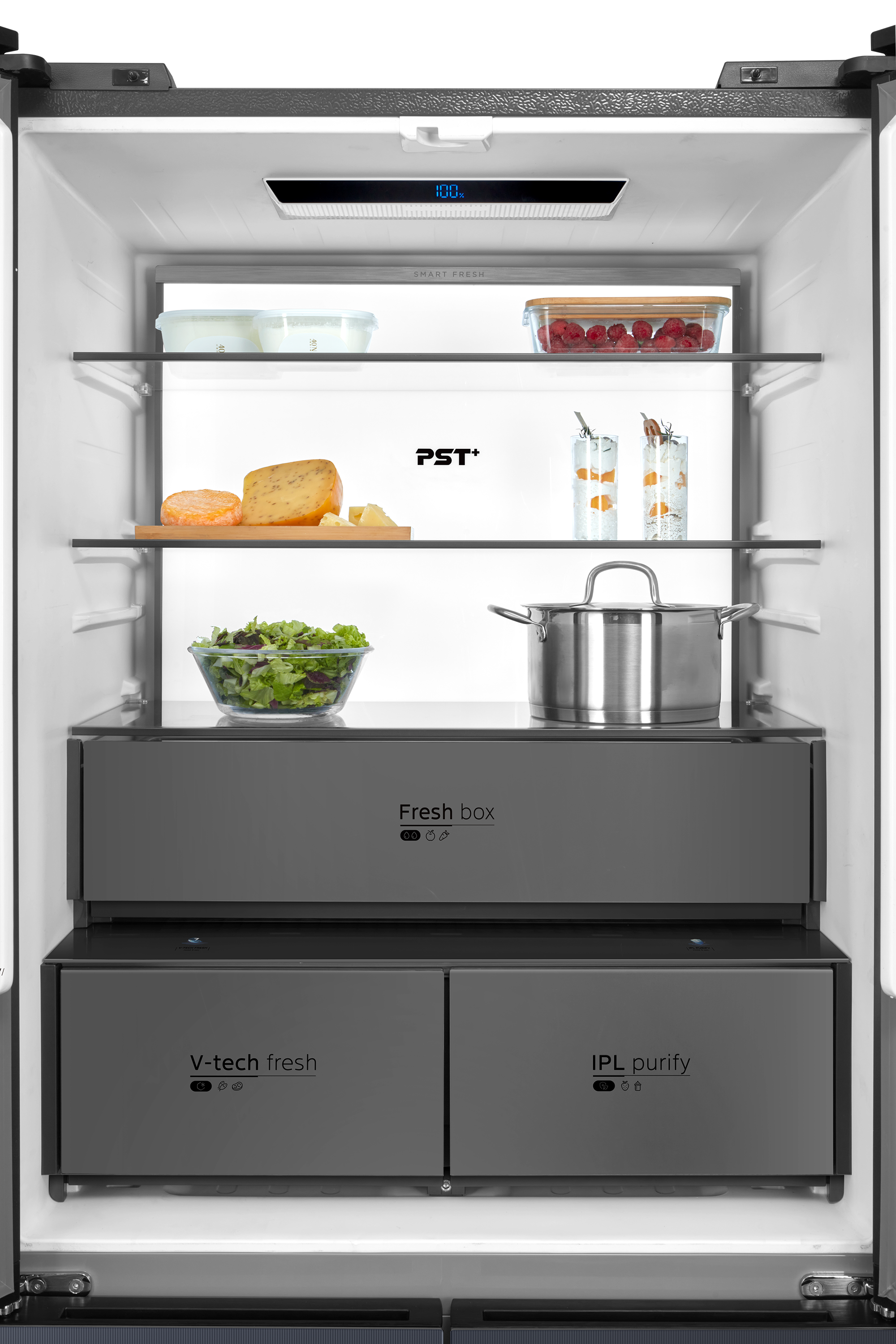 Midea MDRM706BIE70 Kühl-Gefrier-Kombination (freistehend, Cross Door, 515 l Nutzinhalt, FrischeZone, LED-Display, Total NoFrost, 6 Gefrierfächer, Smart Home, Nightsky Black)
