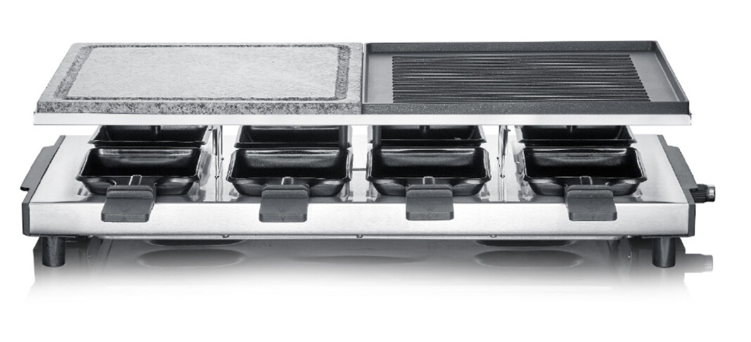  SEVERIN RG 2373 Raclettegrill, 1500W, 8 Pfännchen, Alu-Druckguss-Platte, Steinplatte, stufenlos regulierbar