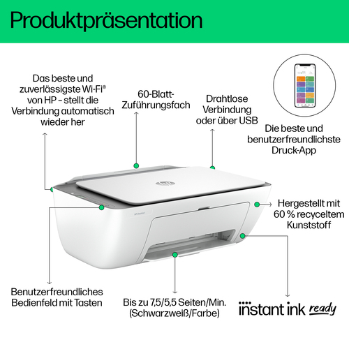 HP DeskJet 2820e Wireless All-in-One Farbe Drucker, Instant Ink; Kopierer, Scanner