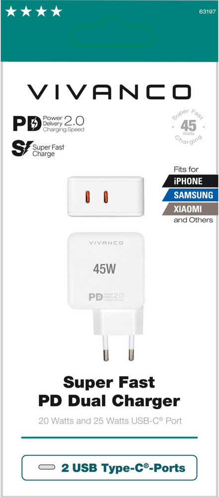  VIVANCO Super Fast Power Delivery Charger, Dual Schnellladegerät, 45W