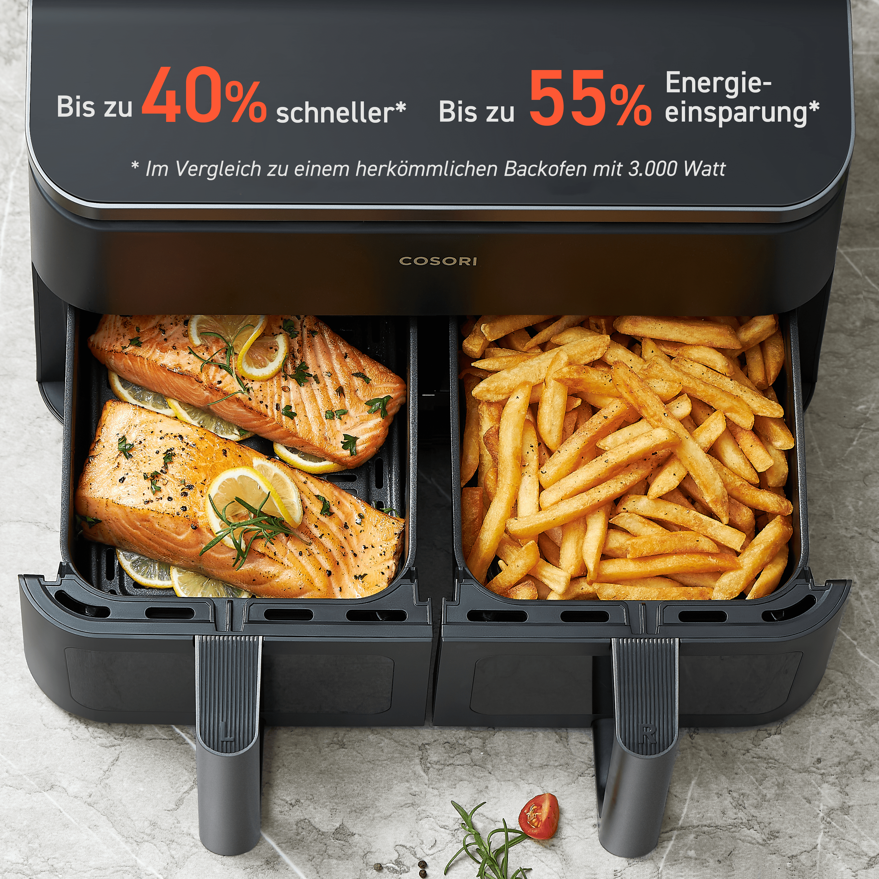 Cosori CAF-R901-AEU Doppel-Heißluftfritteuse (8,5 l Fassungsvermögen, 1.750 W, Timer, 10 Funktionen, 2 Displays, 2 Zubereitungskörbe, einstellbare Temperatur)