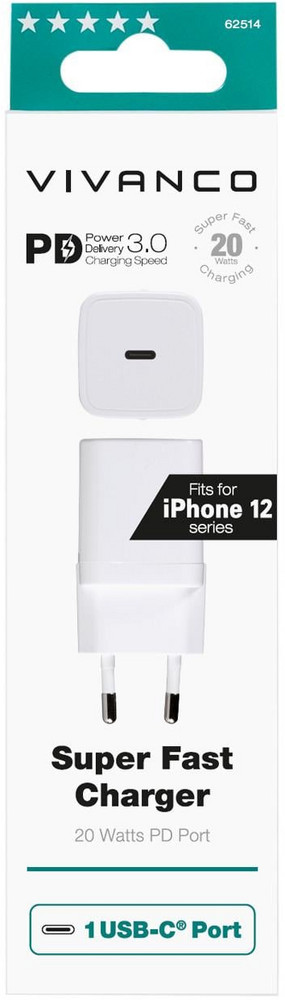  VIVANCO PD 3.0 für Apple iPhone, Super Fast Charger, USB Type-C™ Schnellladegerät, 20W (weiß)