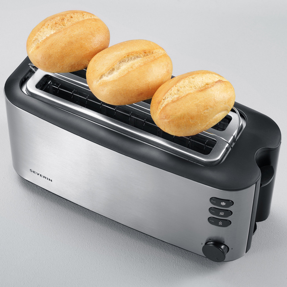  SEVERIN AT 2509 Toaster (Langschlitztoaster, 4 Scheiben, 1400W, Edelstahl, silber, Brötchenaufsatz, Auftaufunktion, Aufwärmfunktion)
