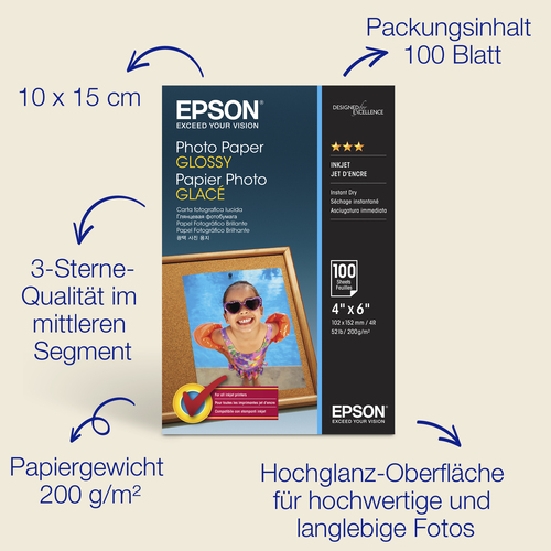 Epson Glossy Photo Paper (100 x 150 mm), 200 g/m2, 100 Blatt