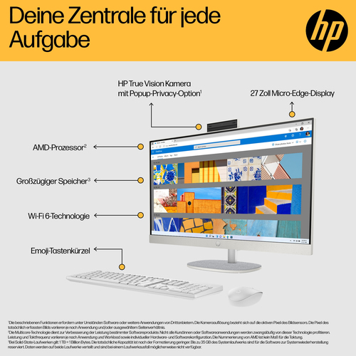HP 27-cr0600ng AMD Ryzen™ 5 7520U 68,6 cm (27") 1920 x 1080 Pixel All-in-One-PC 8 GB LPDDR5-SDRAM 512 GB SSD Windows 11 Home Wi-Fi 6 (802.11ax) Weiß