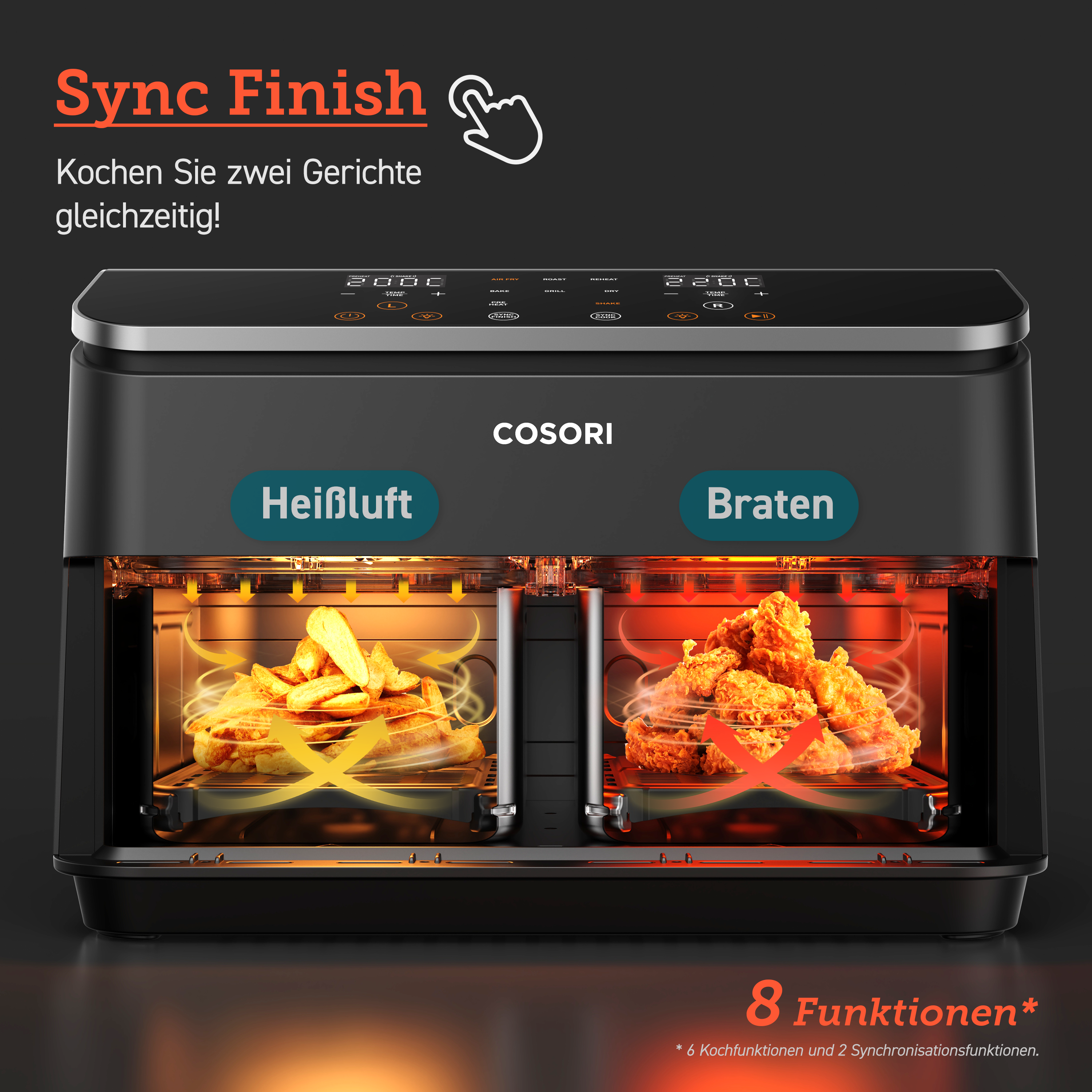 Cosori CAF-R901-AEU Doppel-Heißluftfritteuse (8,5 l Fassungsvermögen, 1.750 W, Timer, 10 Funktionen, 2 Displays, 2 Zubereitungskörbe, einstellbare Temperatur)