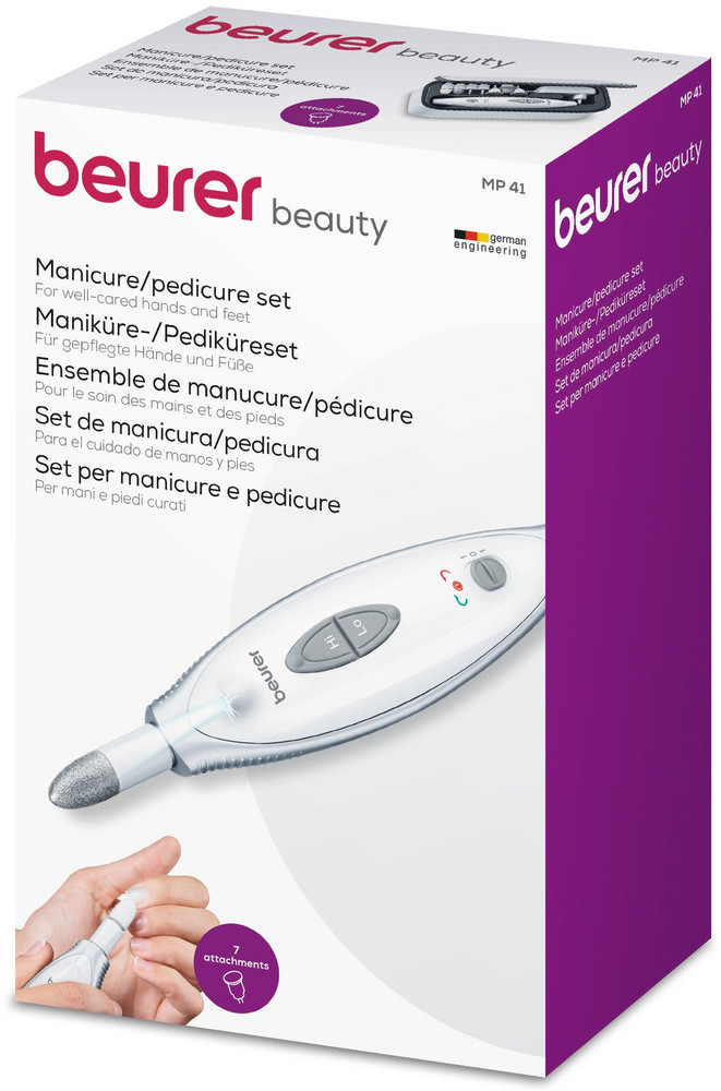 BEURER MP 41 Maniküre & Pediküre (Netzbetrieb mit Getriebe, 7 hochwertige Aufsätze aus Saphir und Filz, 2 Geschwindigkeitsstufen, Rechts- / Linkslauf, helles LED-Licht, Saphirkegel, Saphirscheibe fein und grob, Saphir-Hornhautschleifer, Flammenfräser, Zy  BEURER MP 41 Maniküre & Pediküre (Netzbetrieb mit Getriebe, 7 hochwertige Aufsätze aus Saphir und Filz, 2 Geschwindigkeitsstufen, Rechts- / Linkslauf, helles LED-Licht, Saphirkegel, Saphirscheibe fein und grob, Saphir-Hornhautschleifer, Flammenfräser, Zy