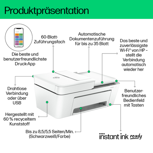 HP DeskJet 4220e Wireless All-in-One Farbe Drucker, Instant Ink; Kopierer, Scanner